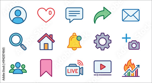 Collection of colorful social media and communication icons in a flat style