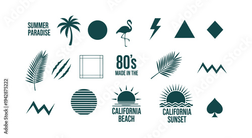80s Retro Summer Graphic Elements Collection with Palm Tree Flamingo Sun and California Beach Icons