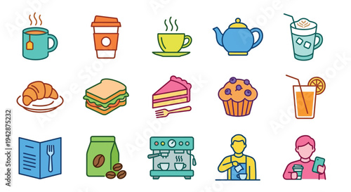 Colorful icons depicting various beverages food items and related objects