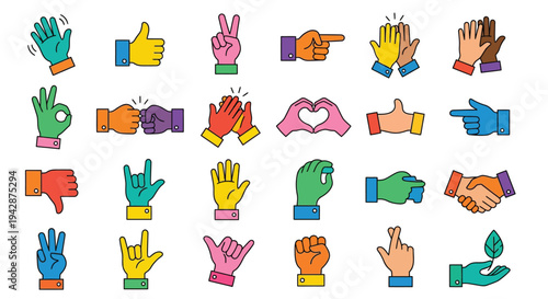 Diverse hands displaying various gestures and signs in colorful illustrations