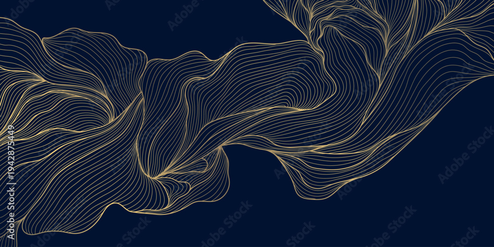Naklejka premium Luxury gold floral line pattern, elegant flowers and leaves, dark background. Vector illustration, Japanese and Chinese ornament with Art Deco style, organic wave shape.