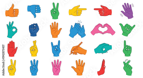 Colorful hand gestures thumbs up peace sign pointing and more