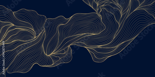 Luxury gold floral line pattern, elegant flowers and leaves, dark background. Vector illustration, Japanese and Chinese ornament with Art Deco style, organic wave shape.