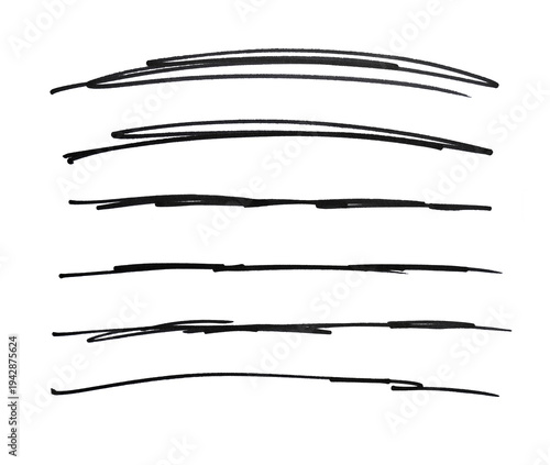 Foto Set of black hand-drawn marker pen stroke lines on a transparent background, highlighting, dividers, and modern graphic design projects