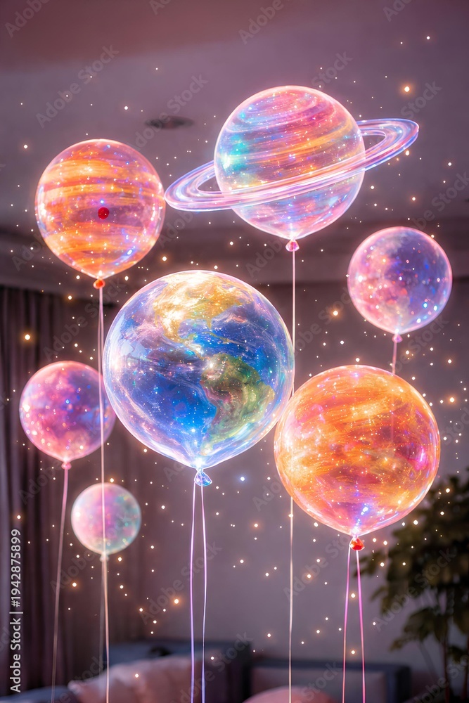 Naklejka premium Floating holographic balloons shaped like planets