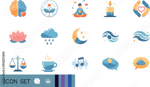 Print Flat Design Mental Health and Wellness Icon Set Featuring Mindfulness Meditation Emotional Balance and Holistic Healing Concepts