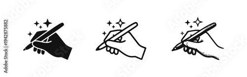 Hand Holding Pen with Sparkles Icon Set - Creativity and Writing Symbol in Solid, Outline, and Doodle Styles