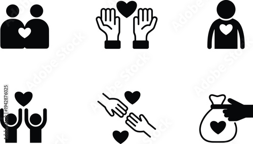 Charity donation and community support vector icon set for nonprofit volunteering, humanitarian aid, and philanthropy