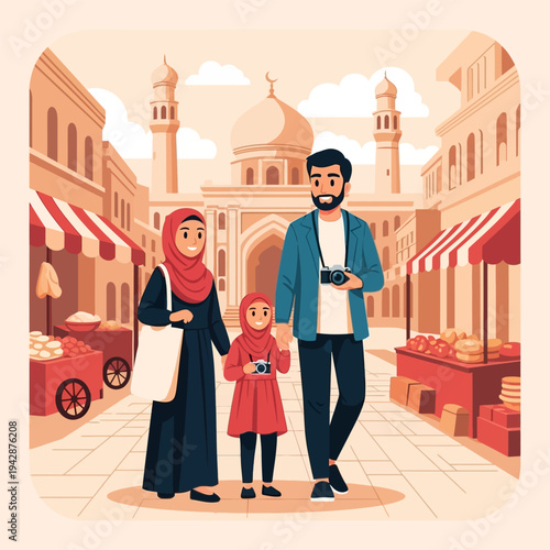 Muslim family with child walking towards the mosque in the city