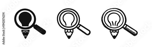 Research and Idea Discovery Icon Set - Magnifying Glass, Lightbulb, Pencil in Solid, Outline, Doodle Styles