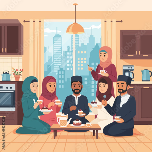 Muslims celebrating with tea in a cozy house with urban view