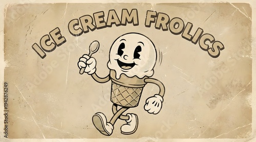Retro cartoon drawing of a cheerful ice cream scoop character in a cone holding a spoon, with 