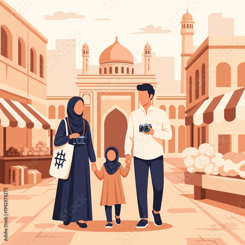 Muslim family with a child walking towards a mosque in the city