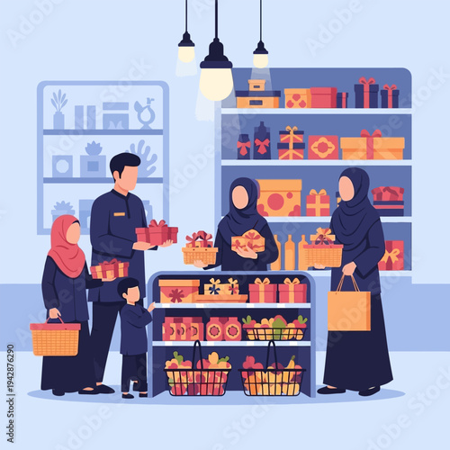 Muslim family shopping in a store filled with gift sets