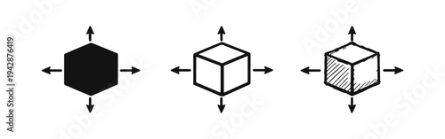 Scale and Resize Icon Set - 3D Cube and Hexagon Expansion Symbol with Arrows in Solid, Outline, Doodle