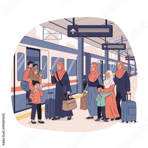 Muslims embarking and disembarking a train with luggage