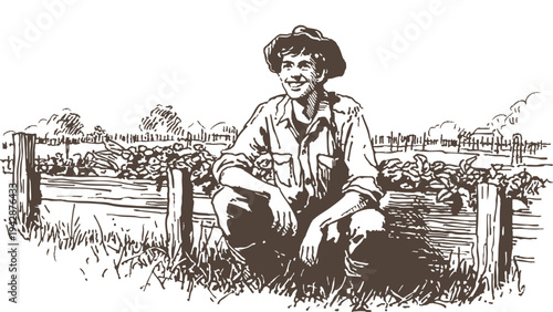Farmer sitting beside wooden garden boxes countryside. Agricultural worker resting near vegetable plantation and rural fence. Hand drawn sketch drawing style illustration. Banner for farming design.