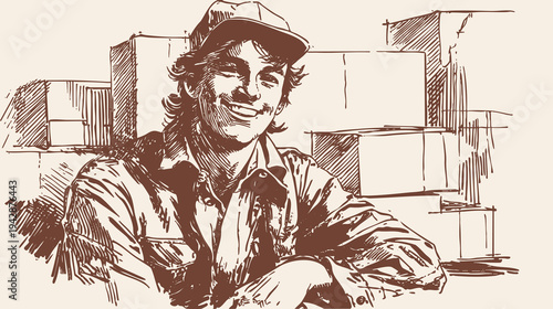 Smiling courier sitting relaxed after delivery shift. Casual driver resting with packages around workspace. Soft charcoal hand drawn rough sketch style. Banner for transport services.