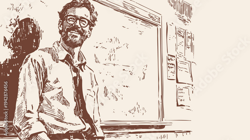 Bearded lecturer with glasses standing by board. University teacher presenting lesson in class interior. Vector ink drawing style. Background for training materials.