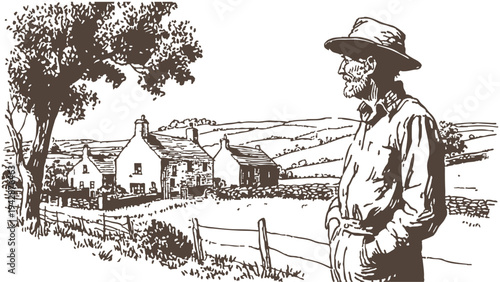 Farmer village houses countryside landscape rural scene illustration. Male farmer stands near cottages and fields, peaceful agricultural environment. Artwork created in traditional hand drawn illustra