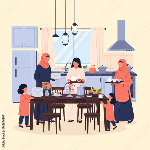 Muslim women preparing a meal in the kitchen for a gathering