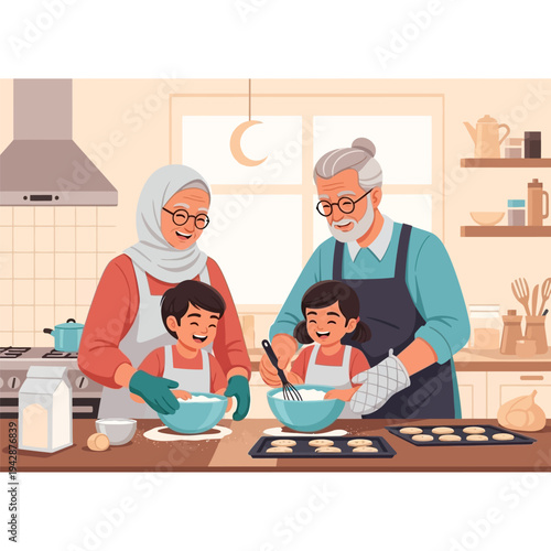 Happy grandparents and children baking cookies together in the kitchen