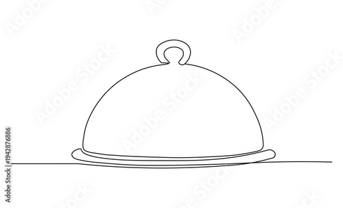 Continuous line art drawing of a minimalist restaurant cloche and serving plate representing elegant dining and catering concept
