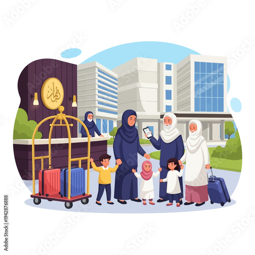 Muslim family arriving at a hotel with luggage for their vacation