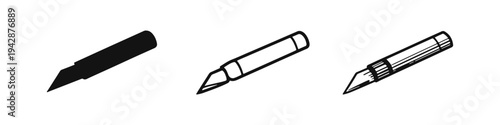 Utility Knife Icon Set: Versatile Box Cutter, Craft Knife, and Retractable Blade Symbols in Three Styles