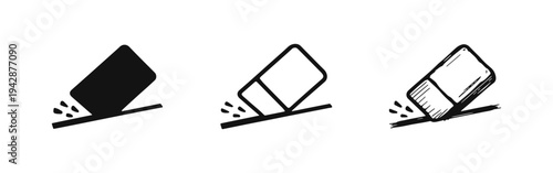 Eraser Icon Set: Stationery Rubber Erasing Symbols with Particles in Solid, Outline, and Hand-Drawn Styles
