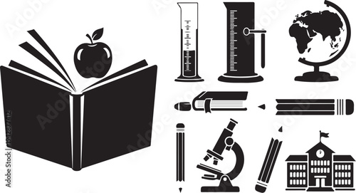 Education Icons with Book Apple and Science Tools