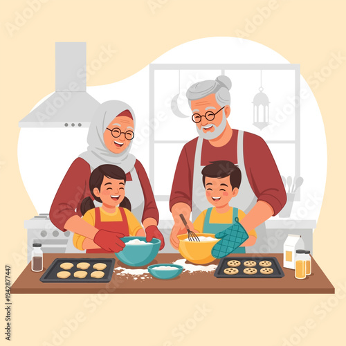Happy older couple and grandchildren baking cookies together, enjoying themselves
