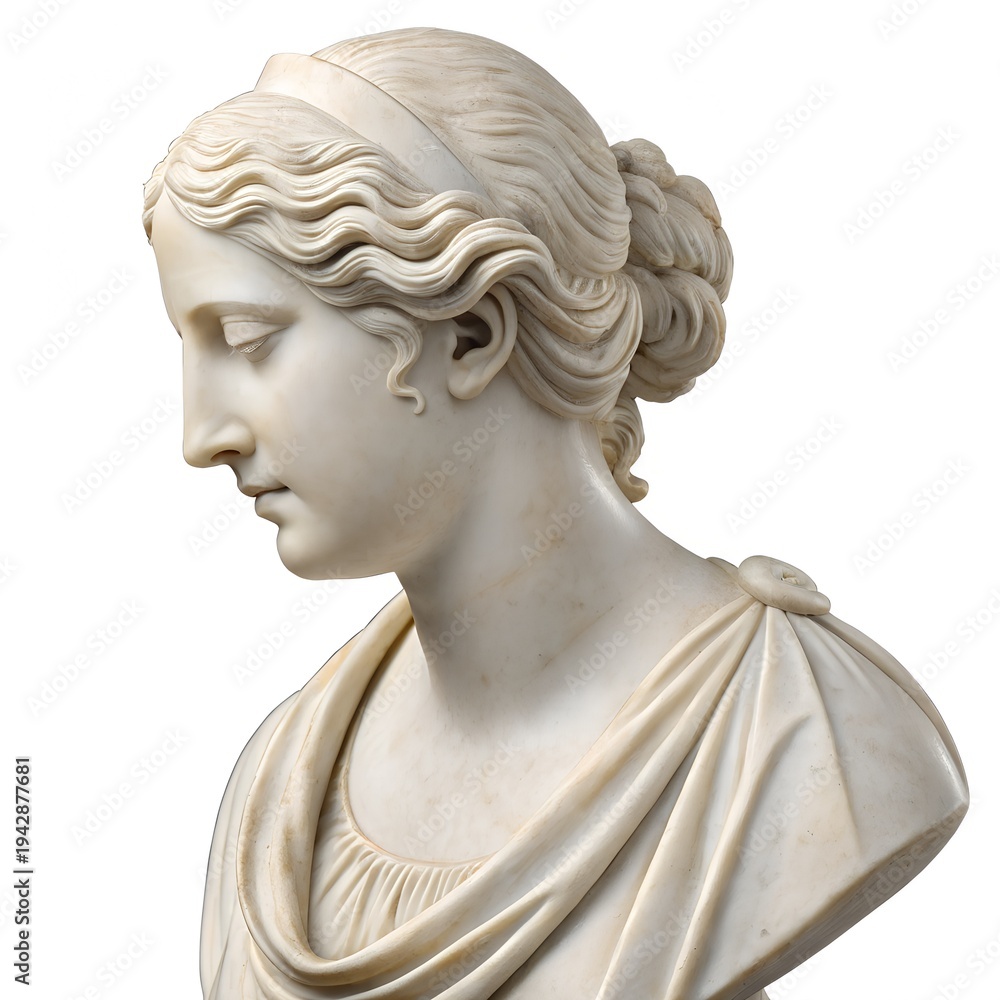 Obraz premium Classical White Marble Bust of a Veiled Greek Woman, Neoclassical Sculpture