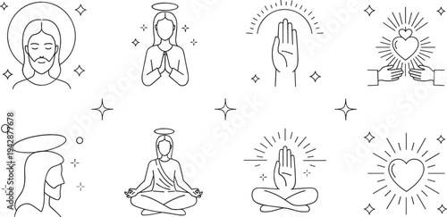 Christian spirituality line icon set with Jesus Christ portrait, praying hands, halo figures, sacred heart, meditation pose, and religious faith symbols minimal outline vector
