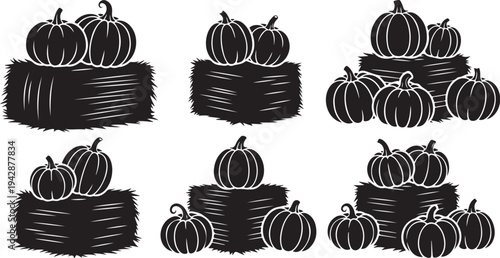 Black and white illustration of pumpkins on haystacks