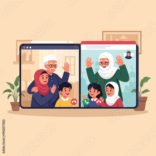 Family video call with grandparents and grandchildren using devices