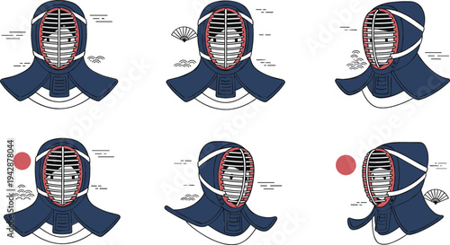 Kendo helmet protective armor vector set with Japanese martial arts mask, samurai fencing gear, traditional bogu equipment, and sports training illustrations