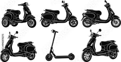 Classic scooter and electric kick scooter silhouette set isolated on white background urban transportation motorbike vehicle illustration collection