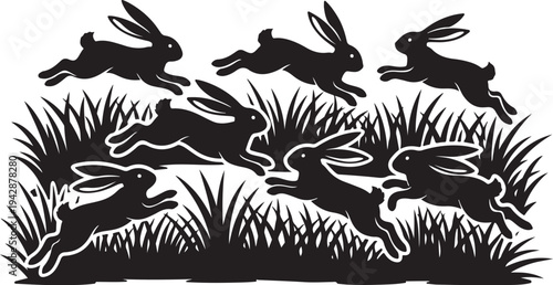 Silhouette of Rabbits Jumping Over Grass in Black and White