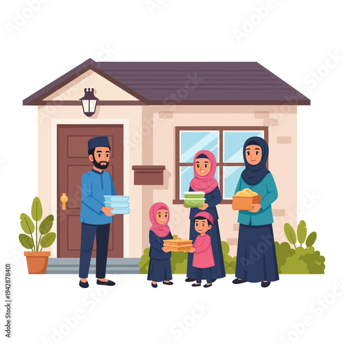 Muslim family giving and receiving gifts at their home