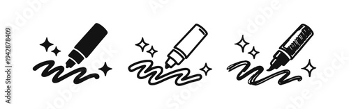 Marker pen with sparkle icon set. Writing, drawing, and highlighting tools collection.