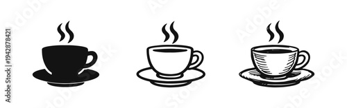 Hot coffee cup icon set. Beverage, tea, and morning drink symbols in different styles.