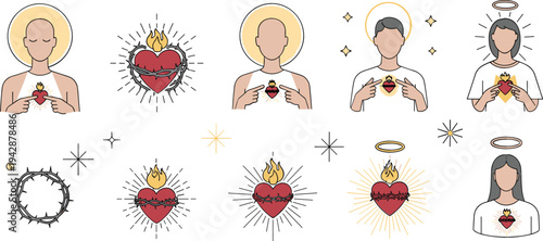 Sacred Heart of Jesus and Mary vector icon set with halo saints, flaming heart, crown of thorns, and Christian Catholic devotional symbols