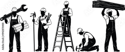Construction worker silhouette set with tools ladder hammer wrench and lumber isolated on white background building industry labor concept