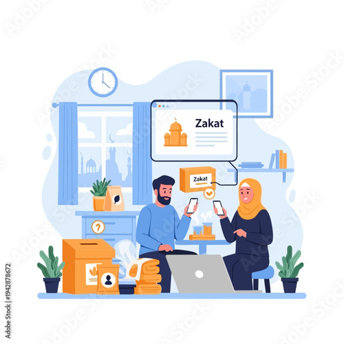 Muslim couple donating zakat online through mobile phones