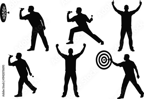 Darts player silhouette collection showing throwing, aiming and celebrating poses with dartboard isolated on white background sports game vector set