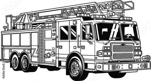 Detailed fire truck ladder engine line art illustration isolated featuring emergency firefighting rescue vehicle for safety, fire department service design