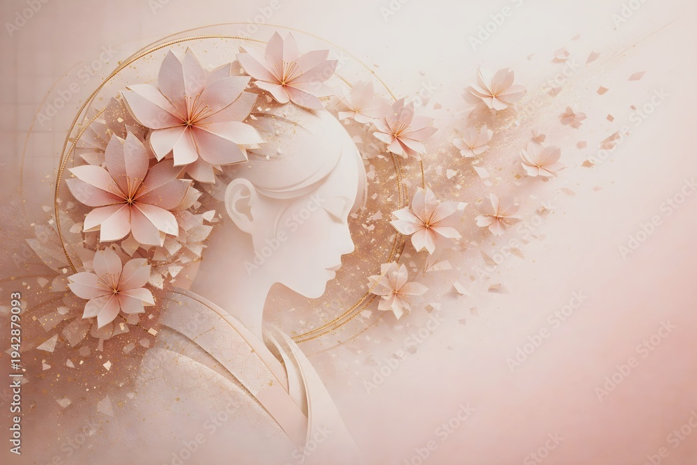 Fototapeta premium Minimal Sakura Woman Silhouette – Elegant Japanese Spring Floral Portrait Background
