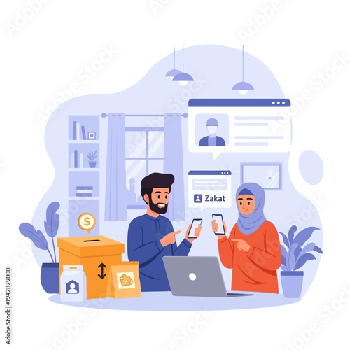 Couple using smartphones to donate Zakat online with money box and icons