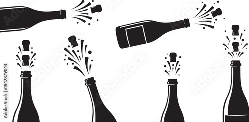 Black and white champagne bottles popping celebration illustration